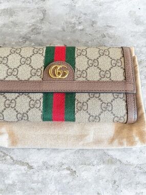 Gucci Beige GG Supreme Canvas Clutch with Green and Red Web